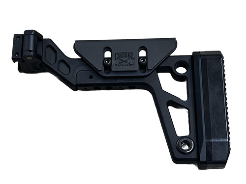 Der Chisel Machining 1913F ist ein robuster, CNC-gefertigter Klappschaft aus 6061 Aluminium mit verstellbarer Länge, höhenverstellbarer Wangenauflage und mehreren QD-Punkten.